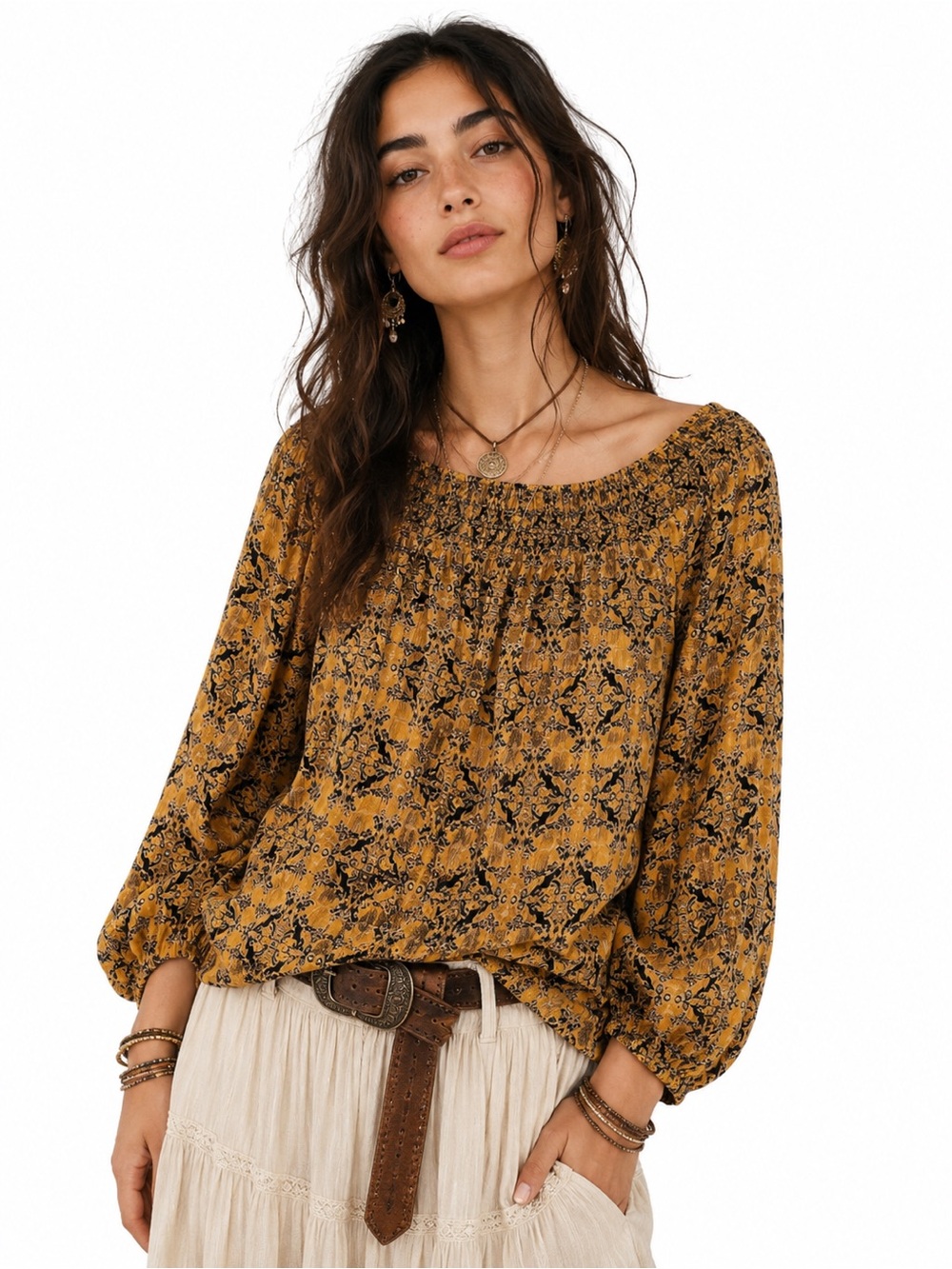 Sundance Boho 100% Silk Smocked Blouse Peasant Romantic Western Quiet Luxury